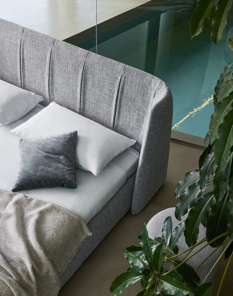 Bonaldo Basket Bed Detail curved grey upholstered fabric headboard with pin tuck stitching designer Italian bed frames Dublin Ireland