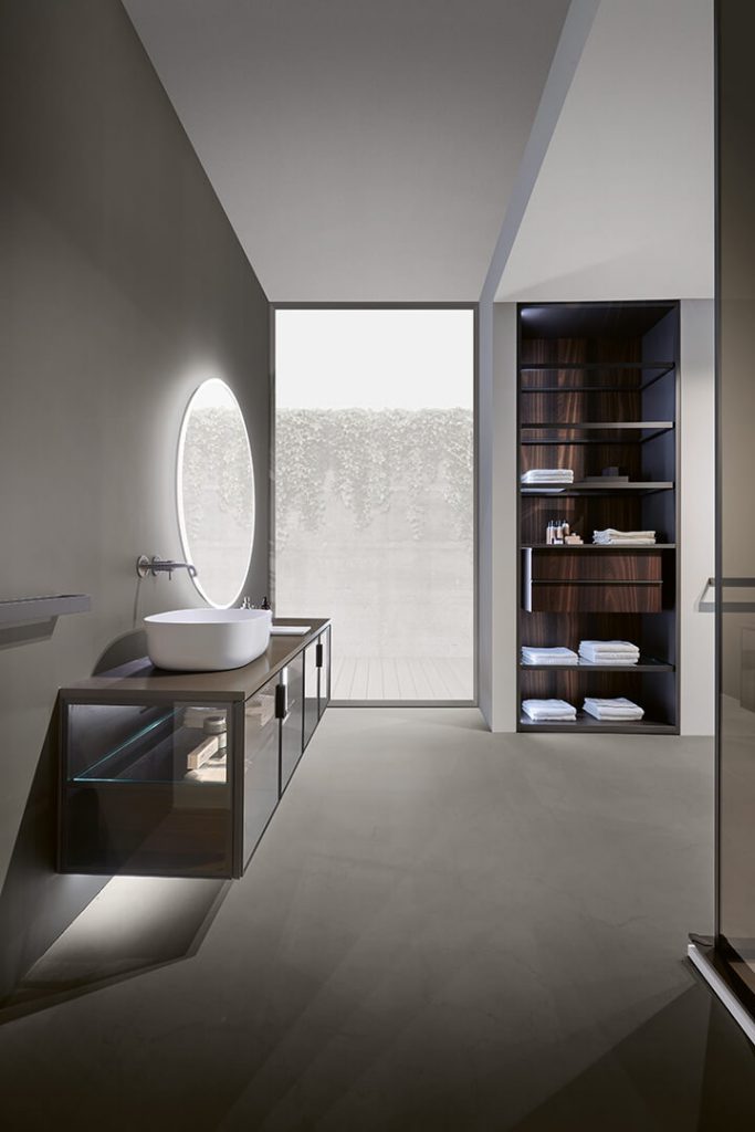 Casabath Italian bathroom vanity furniture with sit on top monolith white sink bespoke glass units wood inserts design & fitting Dublin Ireland