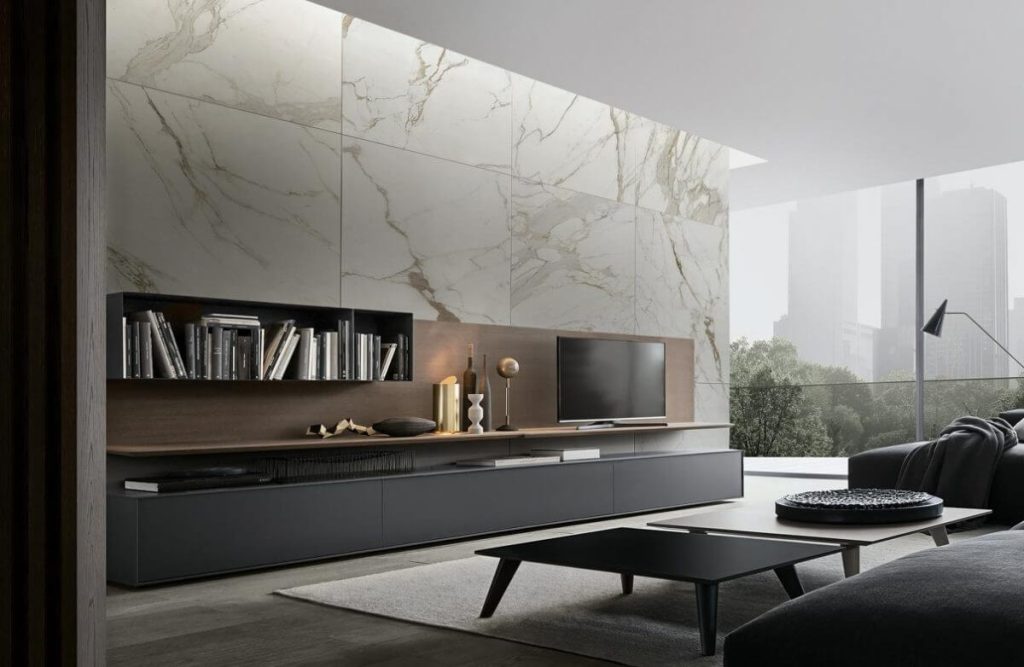 Giellesse media storage with ceramic wall panelling suspended TV shelf Italian furniture Dublin Ireland