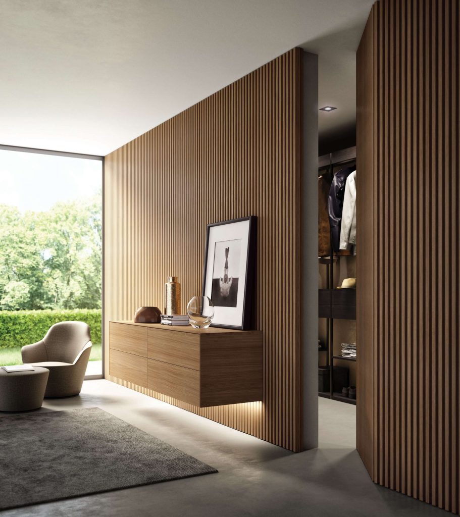 Res Italia Doga Slatted walnut wall paneling hidden doors and furniture Dublin Ireland