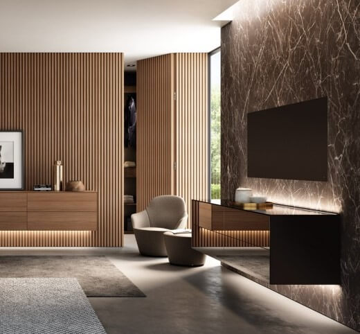 Res Italia Doga Slatted walnut wall paneling hidden doors and furniture Dublin Ireland Bespoke custom design built in fitted