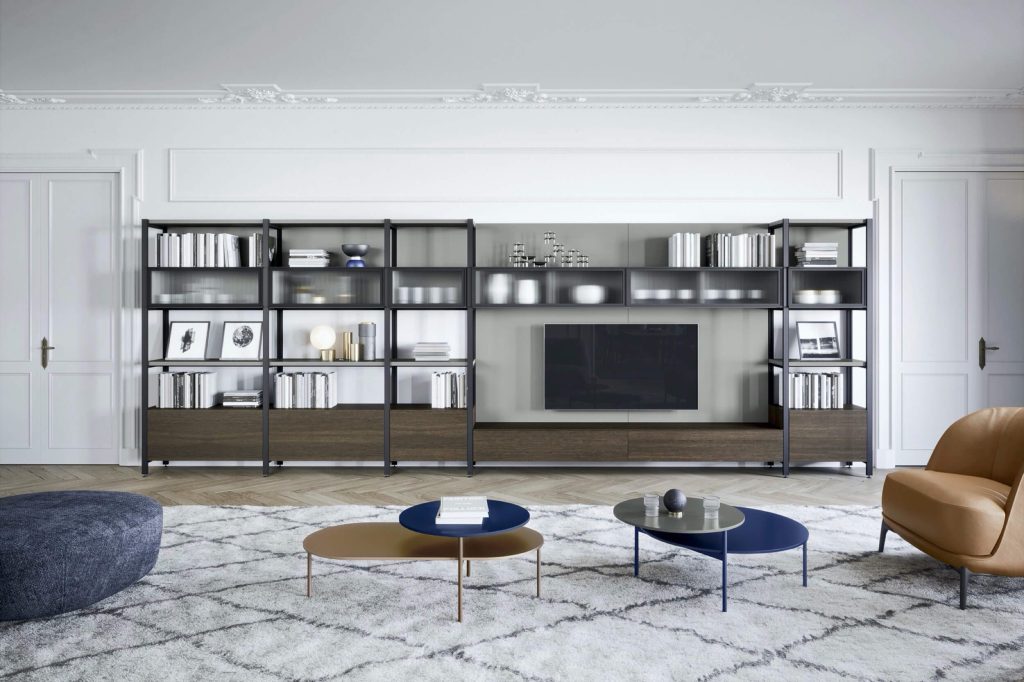 Novamobili Pontile Media storage furniture metal frame and wood TV panel Italian fitted modern built in design Dublin Ireland