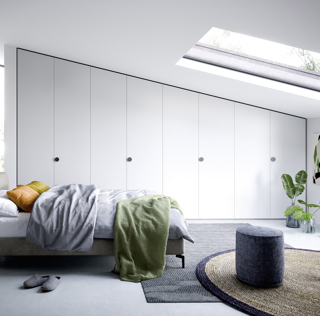 Novamobili luxury custom made attic slanted angled door loft wardrobe system in Dublin Ireland lacquered colours or wood finishes Contemporary bedroom storage made to order