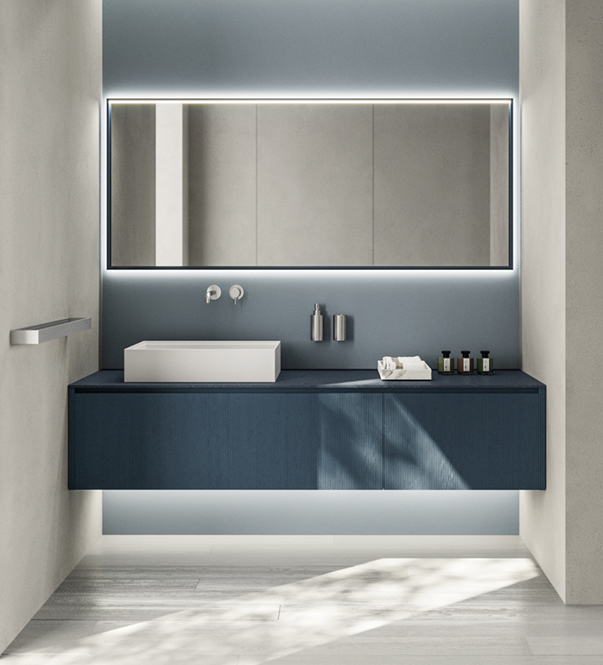 Casabath XS bathroom storage vanity units lacquered dark blue doors press with white wall hung monolith stone sinks Dublin Ireland