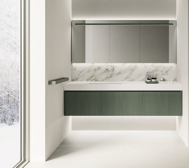 Casabath XS bathroom storage vanity units dark oak wood door press with white wall hung monolith stone sinks Dublin Ireland