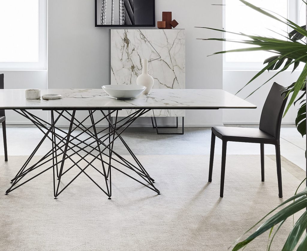 contemporary wire frame metal base dining table fixed extending tops ceramic glass wood modern furniture design Dublin Ireland