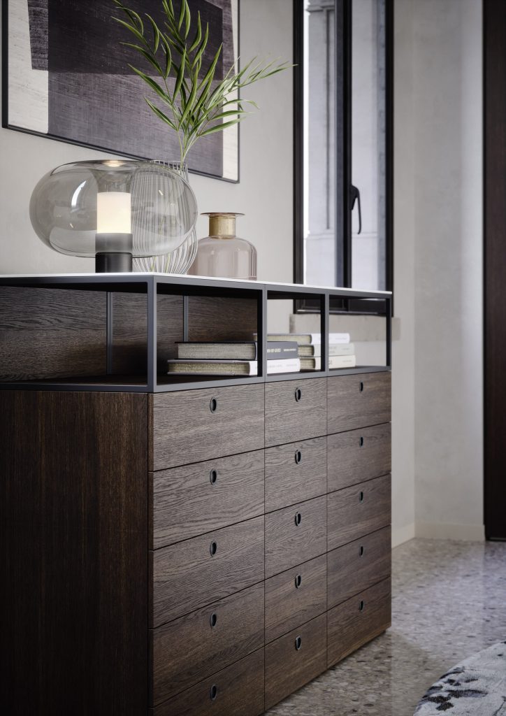 Novamobili Dublin Ireland Square wooden bed side unit locker drawers with metal frame oak walnut lacquered colours