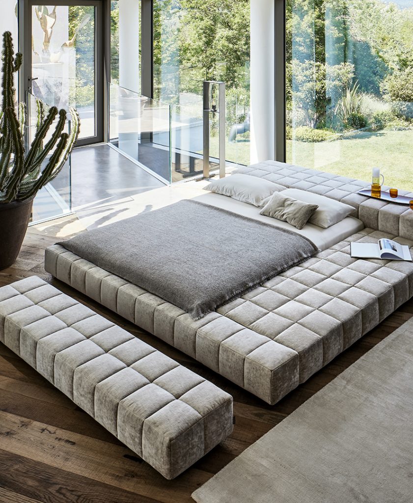 Bonaldo Square Bed frame platformupholstered with deep stitch details fabric or leather Dublin Ireland