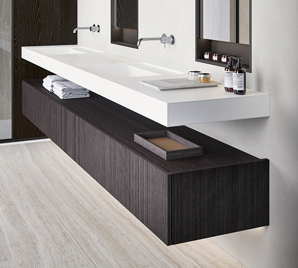 Casabath XS bathroom storage vanity units dark oak wood door press with white wall hung monolith stone sinks Dublin Ireland Clontarf Raheny Sutton Howth Portmarnock Malahide North Dublin modern fitted built in custom furniture design