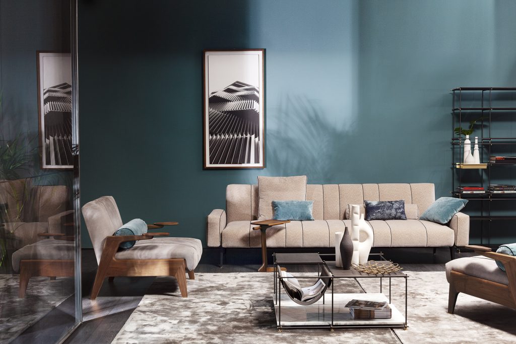 Retro style sofas in beige fabric with contrast piping details Clontarf Raheny Sutton Howth Portmarnock Malahide North Dublin modern fitted built in custom design