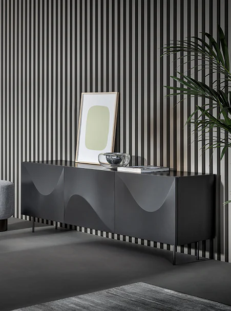 Bonaldo sideboard cabinet with curved door fronts in lead grey lacquer
