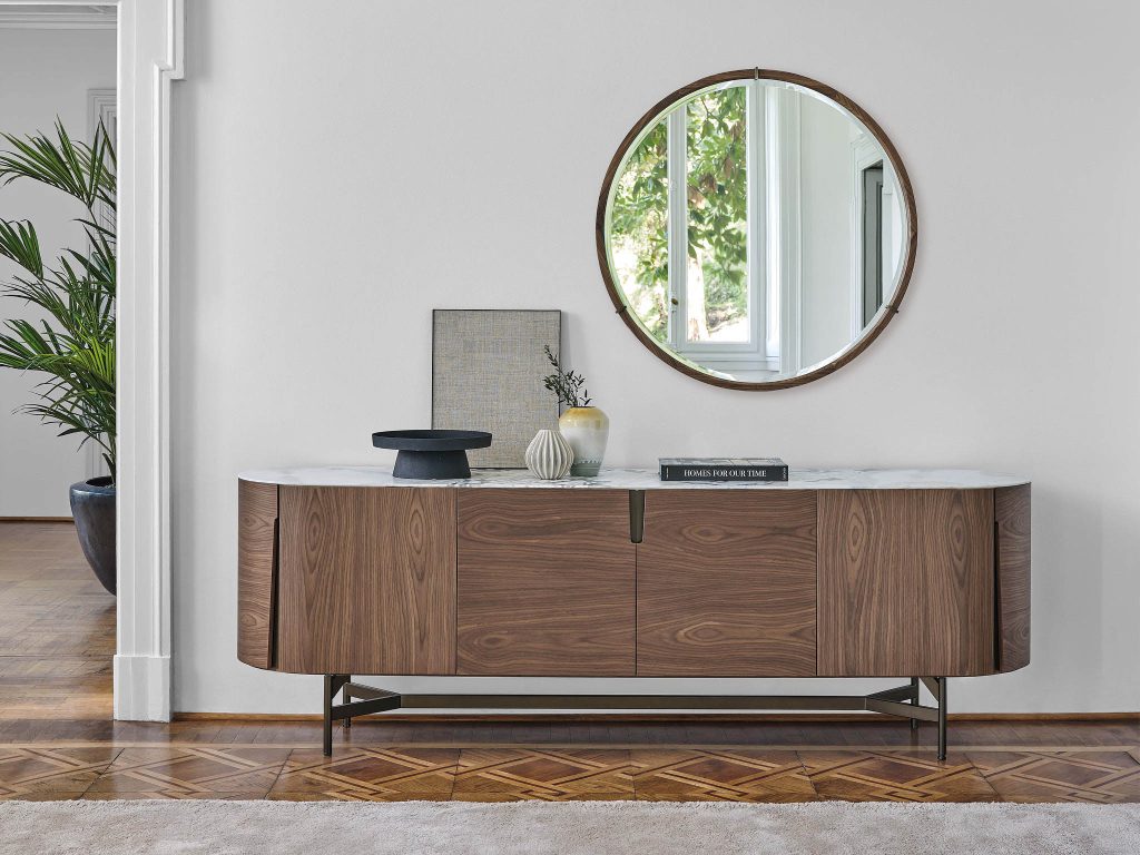 Porada Tylsa credenza Sideboard cabinet walnut with unique design on metal frame. Curved with marble top. Unique storage solutions for elegant contemporary homes Best luxury storage designs Dublin Ireland