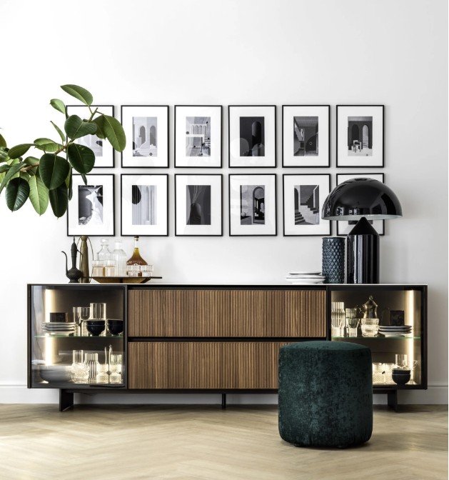 Novamobili Box18 credenza Sideboard cabinet in smoked glass and vertically ribbed walnut with black metal frames with elegant metal legs. Unique storage solutions for stylish modern homes Best modern storage solutions Dublin Ireland
