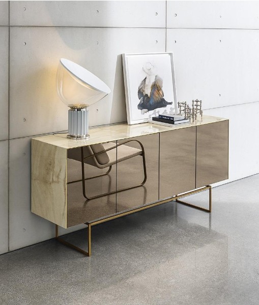 Sovet Italia Magda credenza Sideboard cabinet in smoked mirror and ceramic with elegant metal legs. Unique storage solutions for trend savy modern homes Best modern storage solutions Dublin Ireland