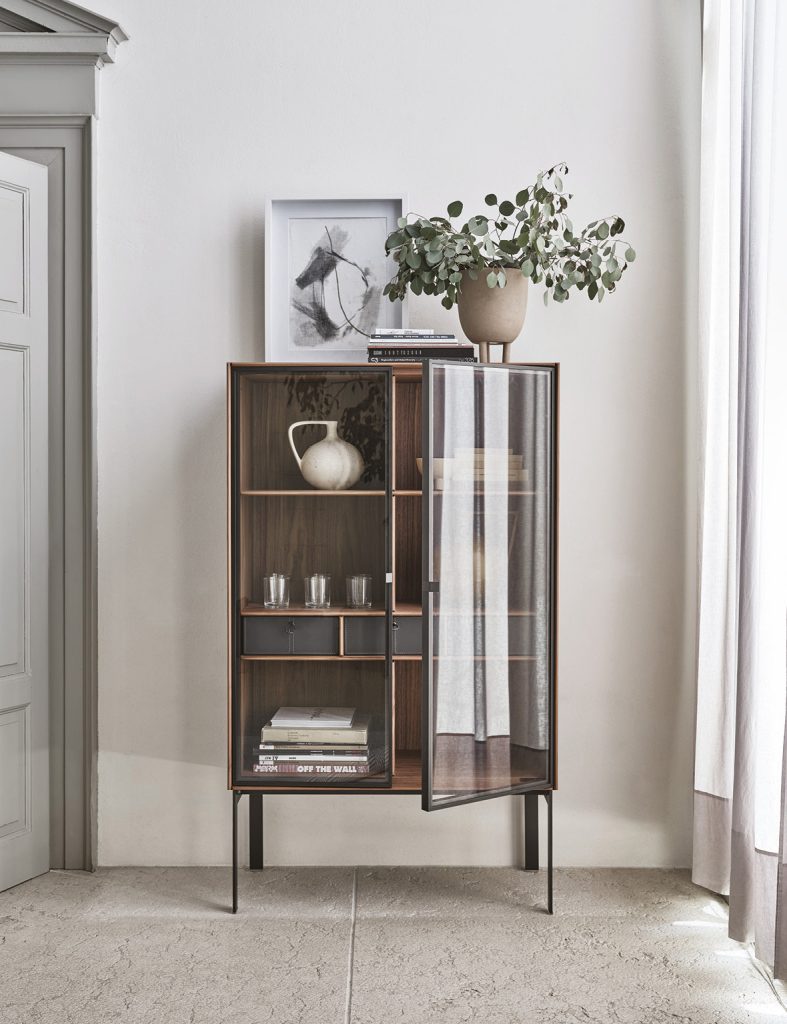 Porada Matics Bar Sideboard cabinet walnut with bronzed metal and smoked glass. Great storage solutions for elegant home bar. Best luxe storage designs Dublin Ireland