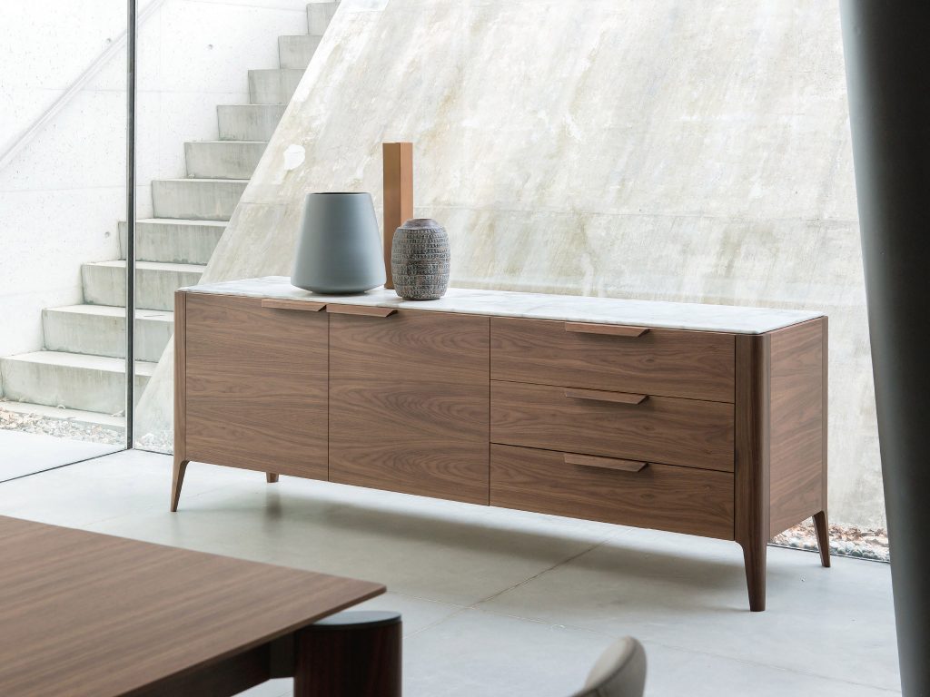 Porada Atlante Sideboard cabinet walnut with inset marble top. Great storage solutions for elegant dining rooms. Best luxe storage designs Dublin Ireland