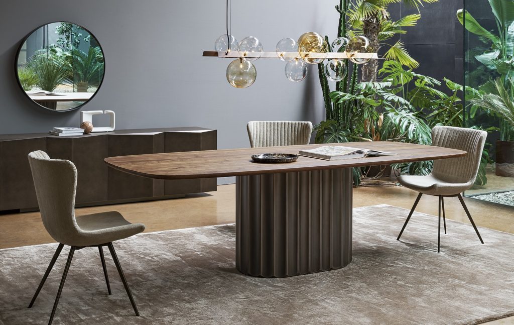 Bonaldo Dorian barrel shaped dining table. wood or ceramic top with fluted pod base. Italian modern furniture in Dublin Ireland.