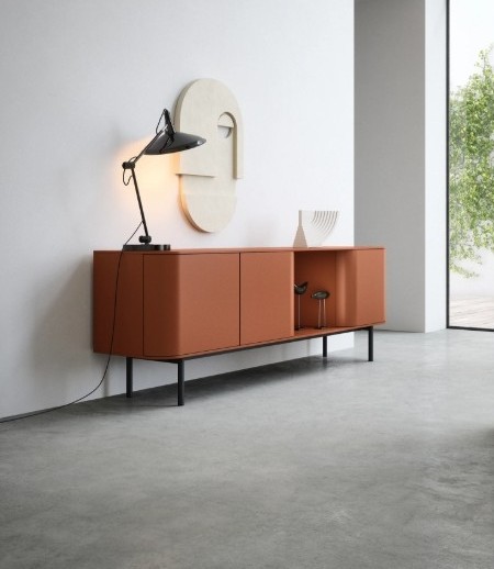 Novamobili Fjord credenza Sideboard cabinet with curved unique design on metal frame. Unique storage solutions for colourful modern homes Best modern storage solutions Dublin Ireland