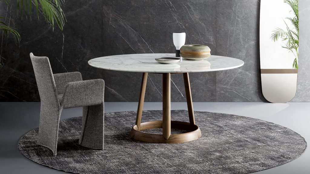 Bonaldo Greeny round dining table. Marble, glass or ceramic top with solid wood pod base. Italian modern furniture in Dublin Ireland.