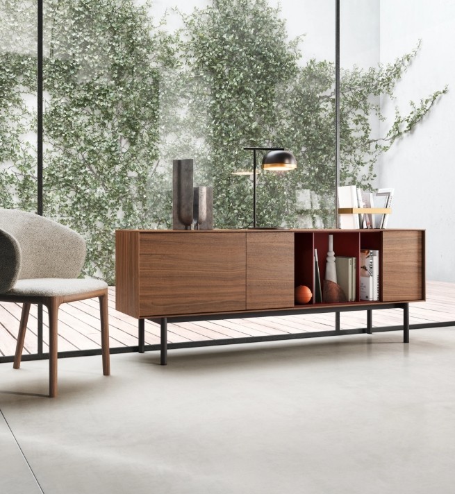 Novamobili Reverse Sideboard cabinet walnut with metal frame base. Great storage solutions for vinyl collections.