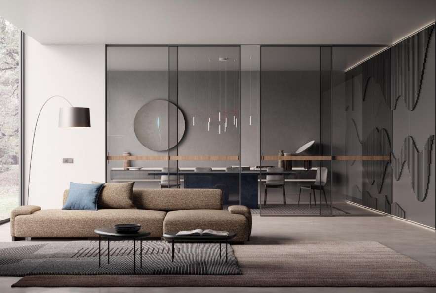 Res italia - Selene interior sliding glass doors with wood detail.