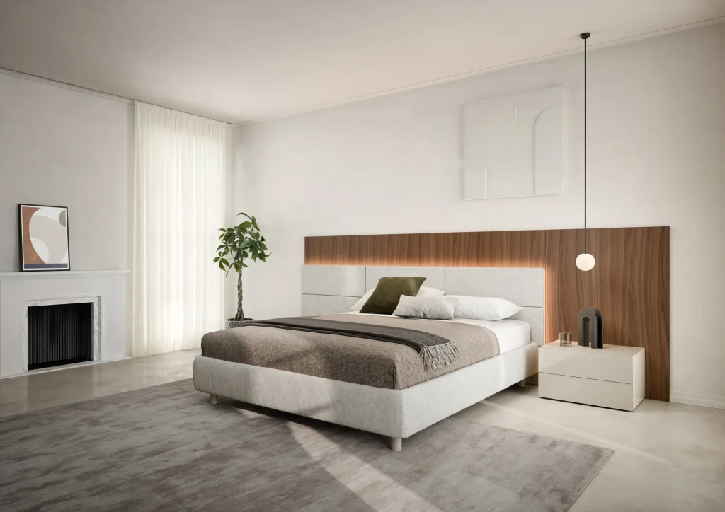 Space upholstered bed with fabric and wood headboard.